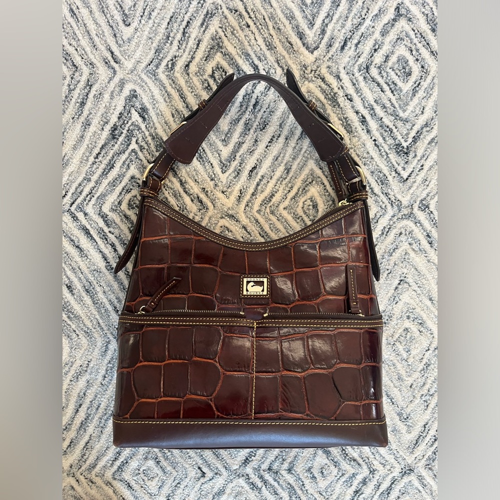 EUC Dooney & Bourke Genuine “Croco” Leather Boho Bag - Cognac Brown Color